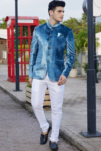 Teal Blue Velvet Jodhpuri (NMK-8226) - Nihal Fashions