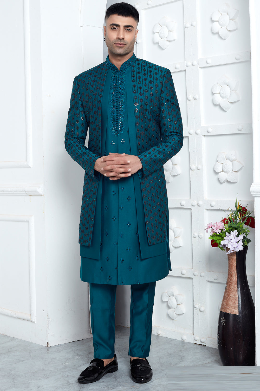 Teal Blue Velvet Silk 4 piece attached Jacket Set (NMK-7870) - Nihal Fashions