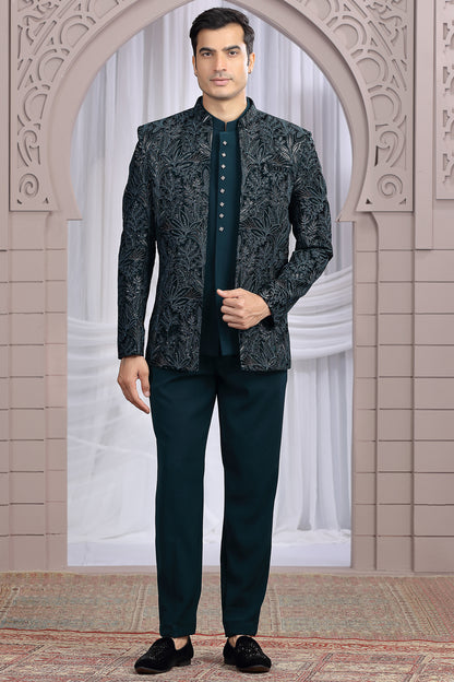 Teal Green Art Silk 3 piece Jacket Jodhpuri (NMK-8672) - Nihal Fashions