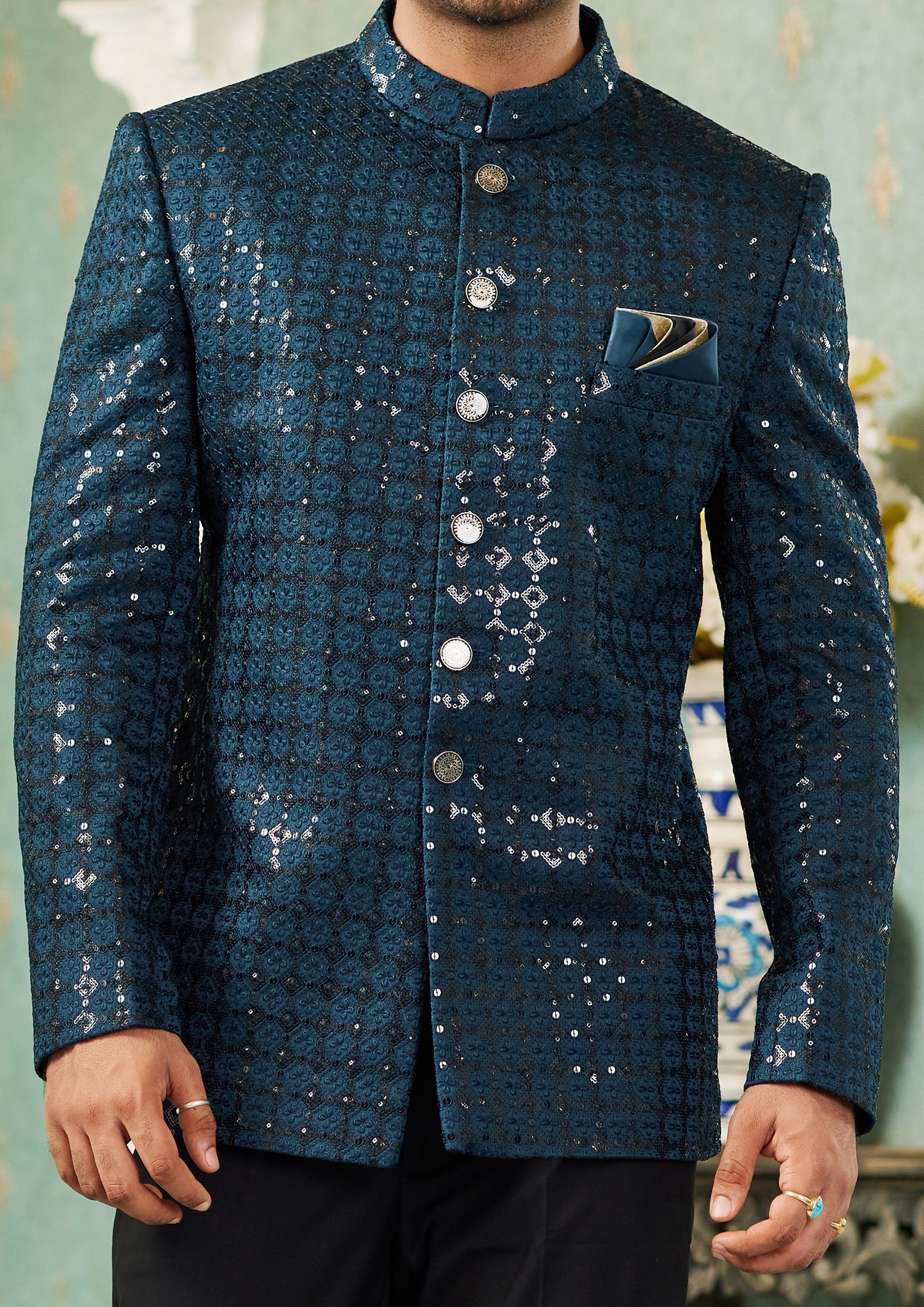Teal Green Art Silk Embroidered Indo Western (NMK-7136) - Nihal Fashions