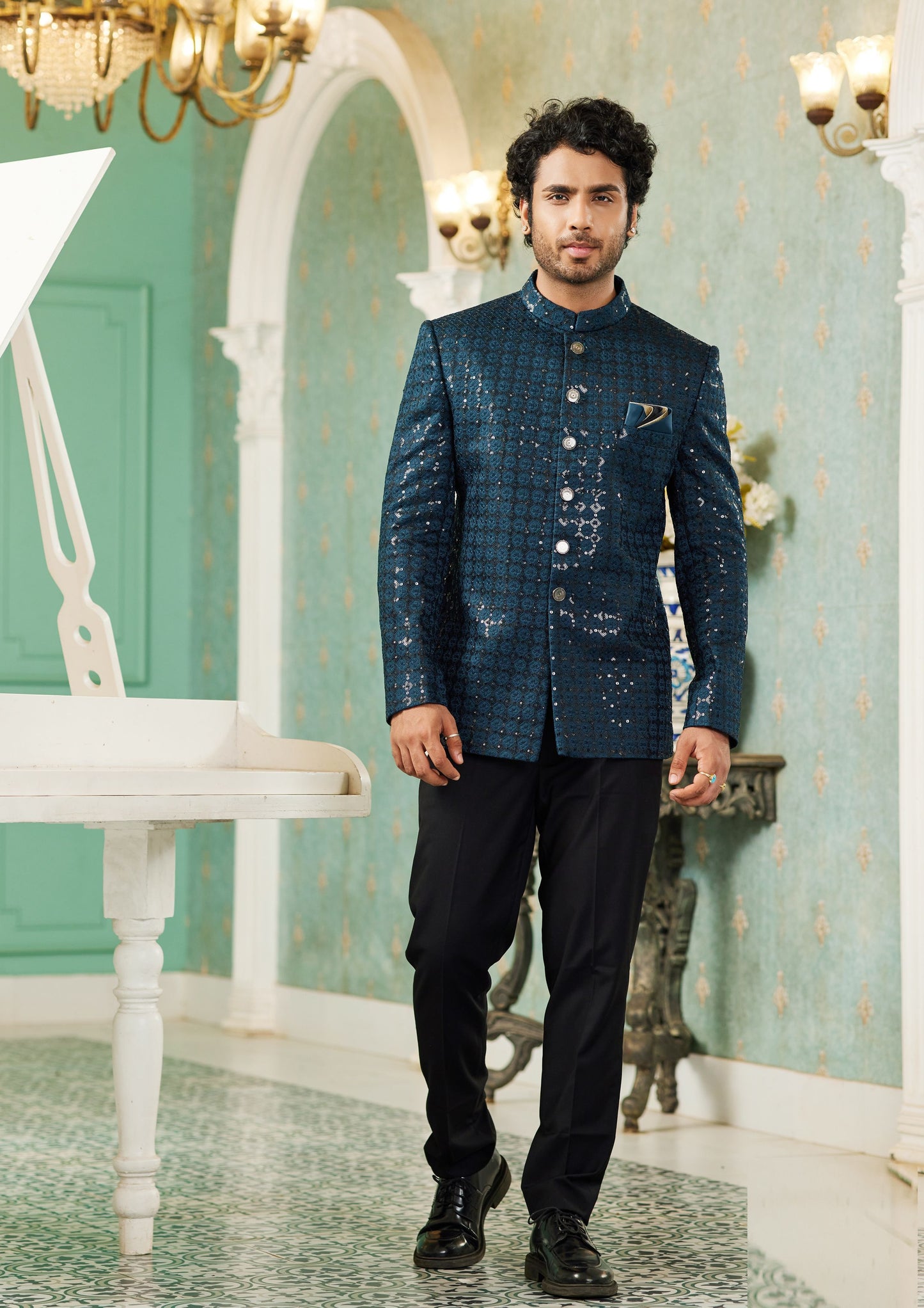 Teal Green Art Silk Embroidered Indo Western (NMK-7136) - Nihal Fashions