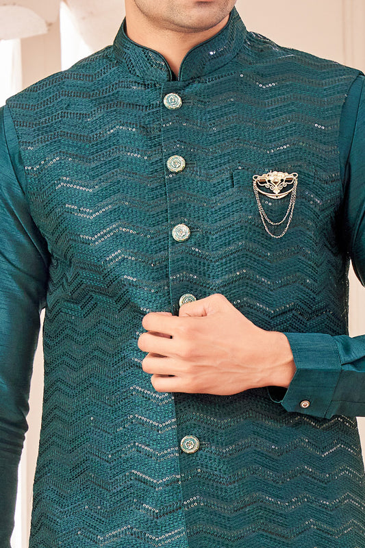 Teal Green Art Silk Nehru Jacket (NMK-8030) - Nihal Fashions