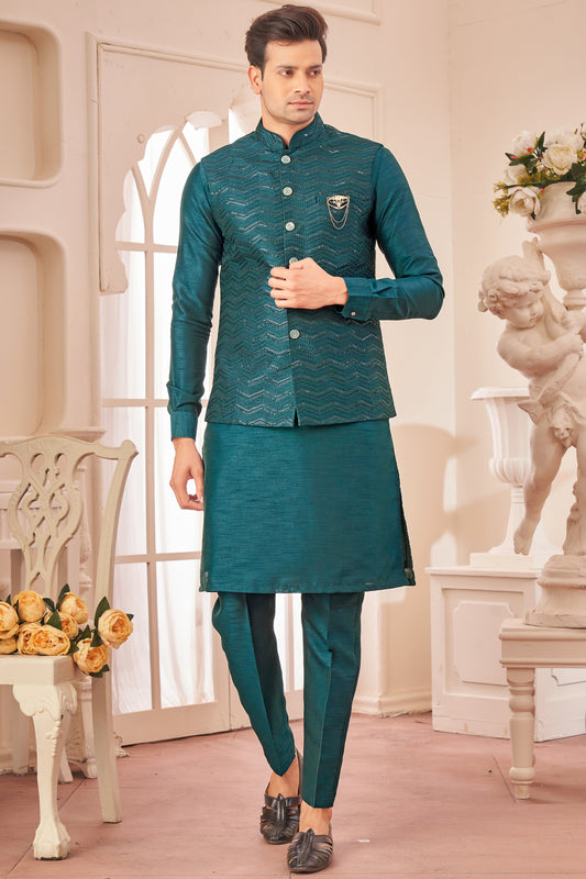 Teal Green Art Silk Nehru Jacket (NMK-8030) - Nihal Fashions