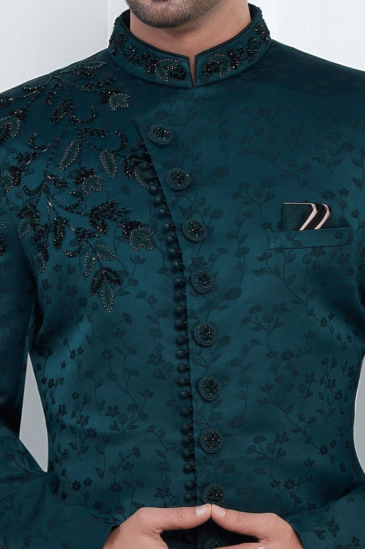 Teal Green Art Silk Sherwani (NMK-7717) - Nihal Fashions