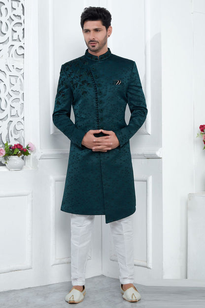 Teal Green Art Silk Sherwani (NMK-7717) - Nihal Fashions