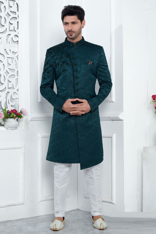 Teal Green Art Silk Sherwani (NMK-7717) - Nihal Fashions