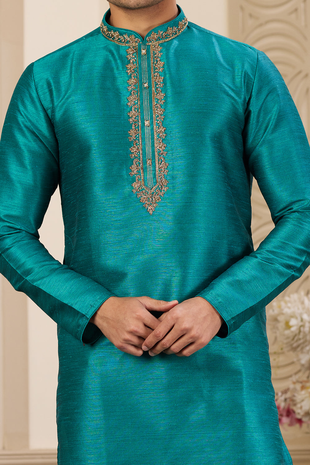 Teal Green Banarasi Art Silk Kurta Pajama (NMK-8472) - Nihal Fashions