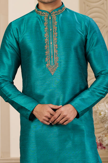 Teal Green Banarasi Art Silk Kurta Pajama (NMK-8472) - Nihal Fashions