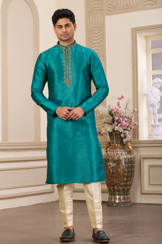 Teal Green Banarasi Art Silk Kurta Pajama (NMK-8472) - Nihal Fashions