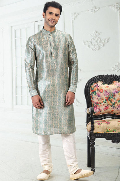 Teal Green Banarasi Silk Kurta Pajama (NMK-6708) - Nihal Fashions