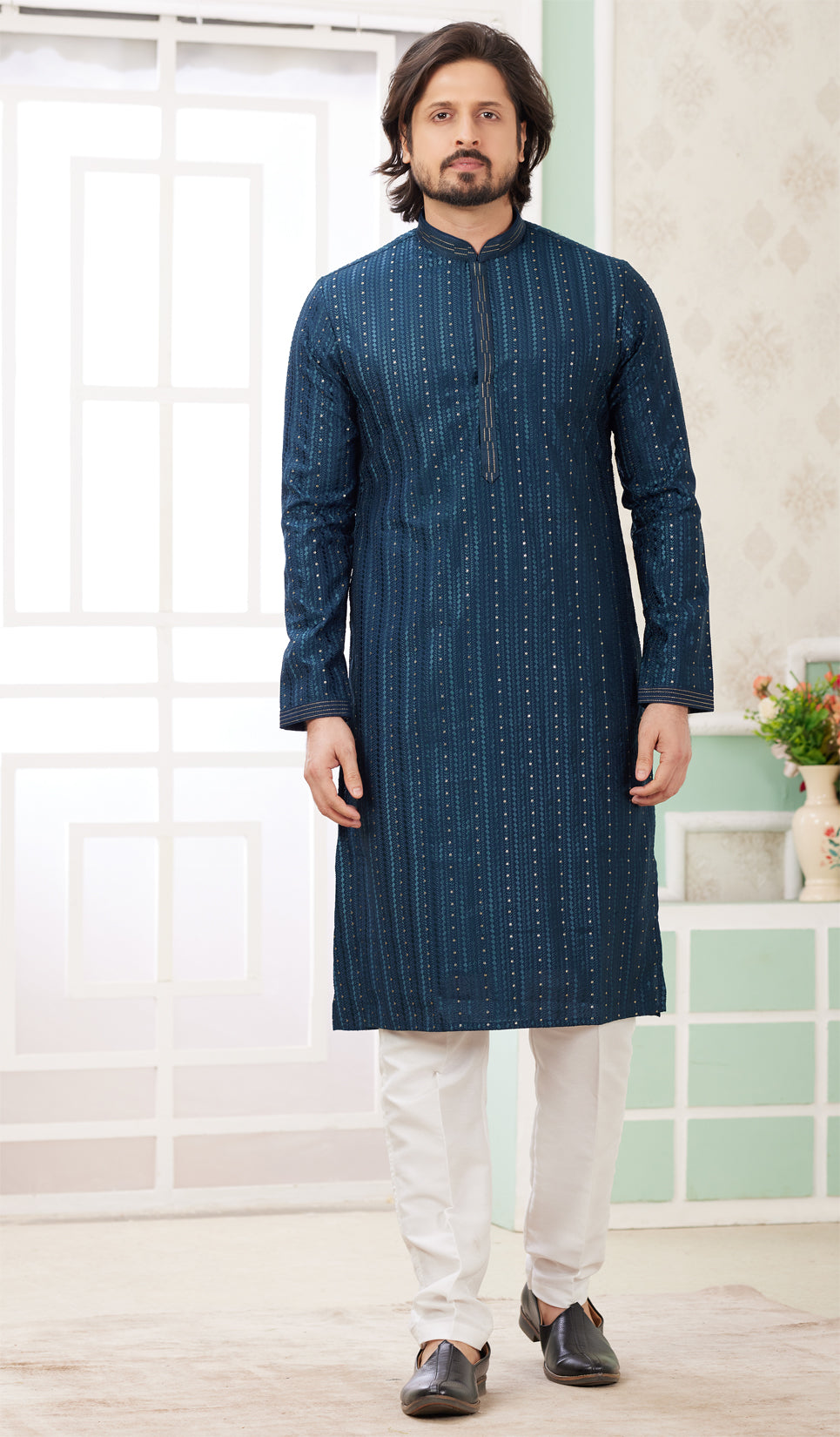Teal Green Embroidered Art Silk Kurta Pajama (NMK-8363) - Nihal Fashions