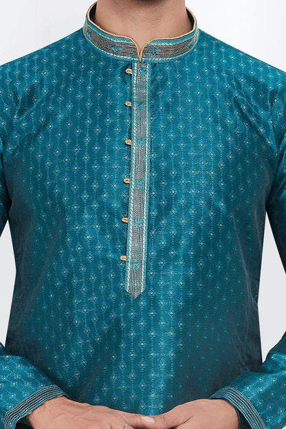Teal Green Jaquard Silk Brocade Kurta for Men (NMK-7742) - Nihal Fashions