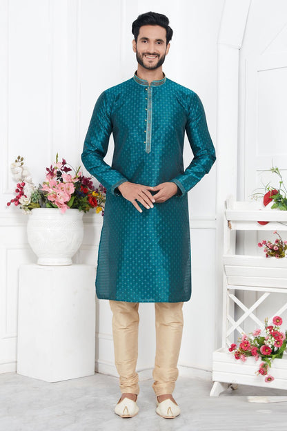 Teal Green Jaquard Silk Brocade Kurta for Men (NMK-7742) - Nihal Fashions