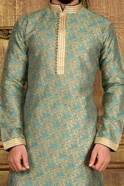 Teal Green Jaquard Silk Brocade Kurta (NMK-3557)