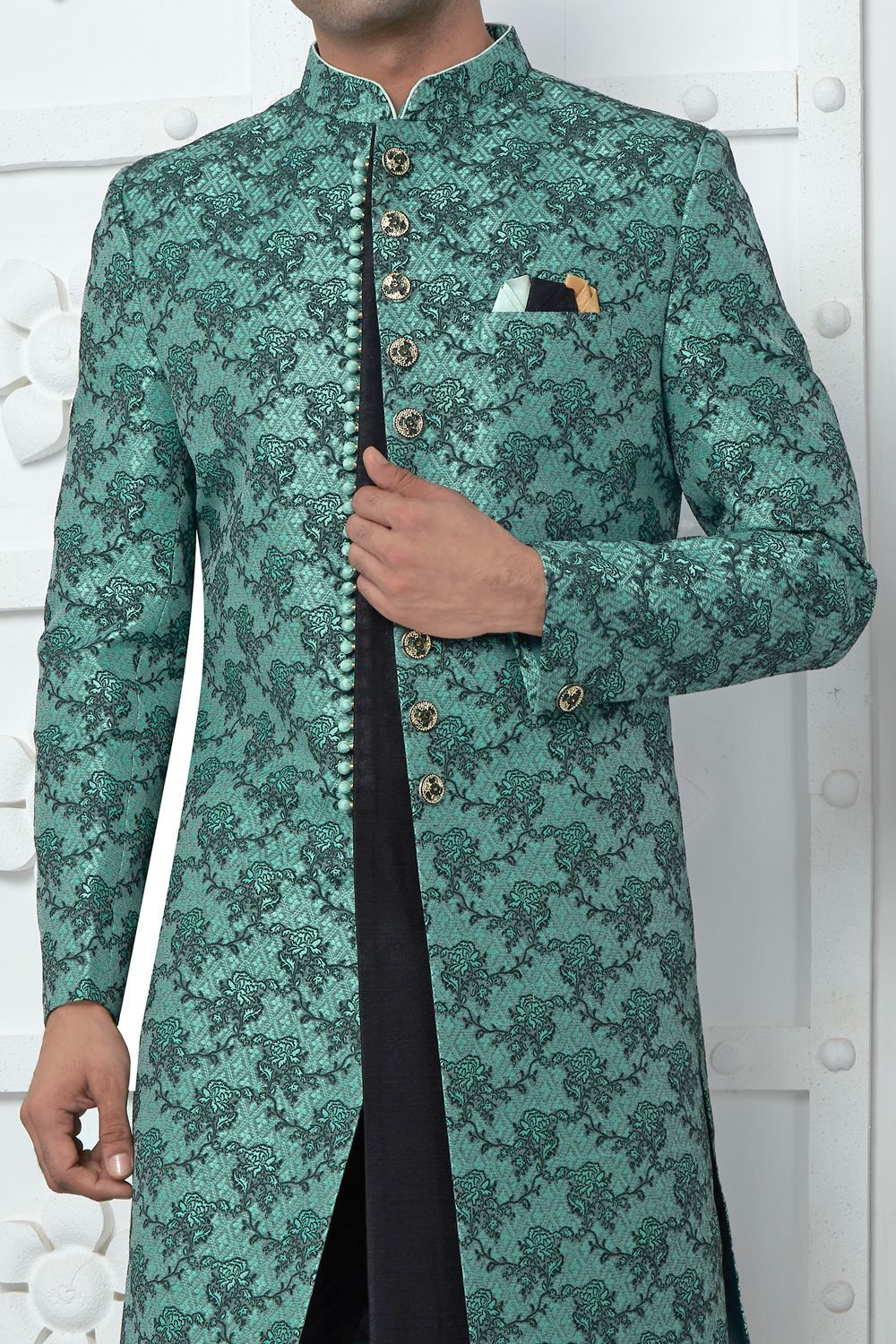 Teal Green Jaquard Silk Indo Western (NMK-7180) - Nihal Fashions