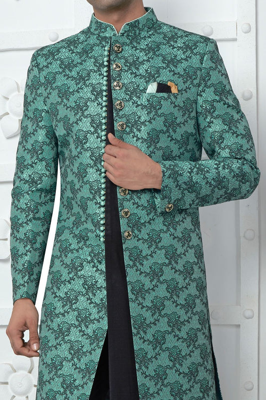 Teal Green Jaquard Silk Indo Western (NMK-7180) - Nihal Fashions
