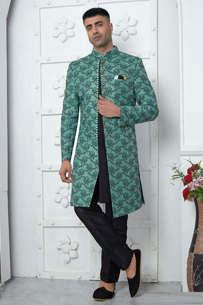 Teal Green Jaquard Silk Indo Western (NMK-7180) - Nihal Fashions