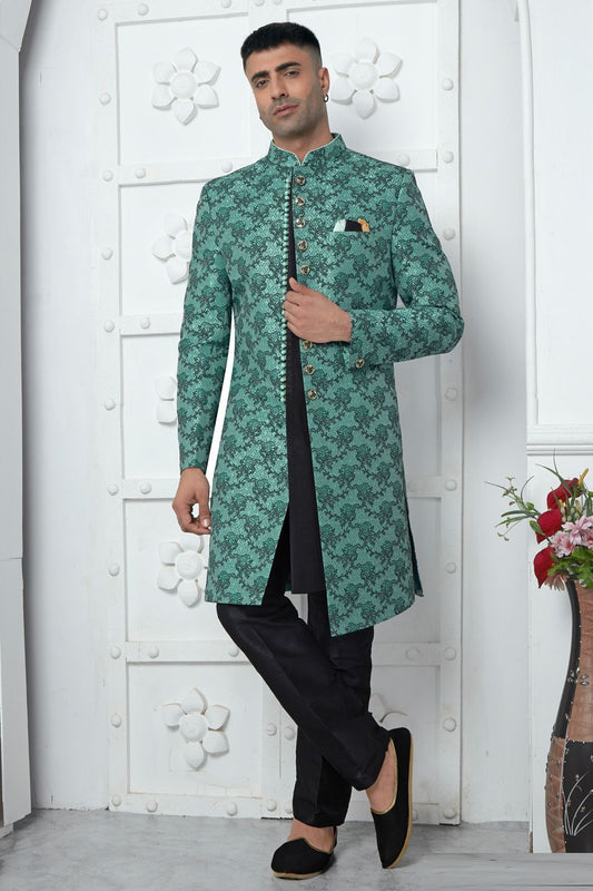 Teal Green Jaquard Silk Indo Western (NMK-7180) - Nihal Fashions