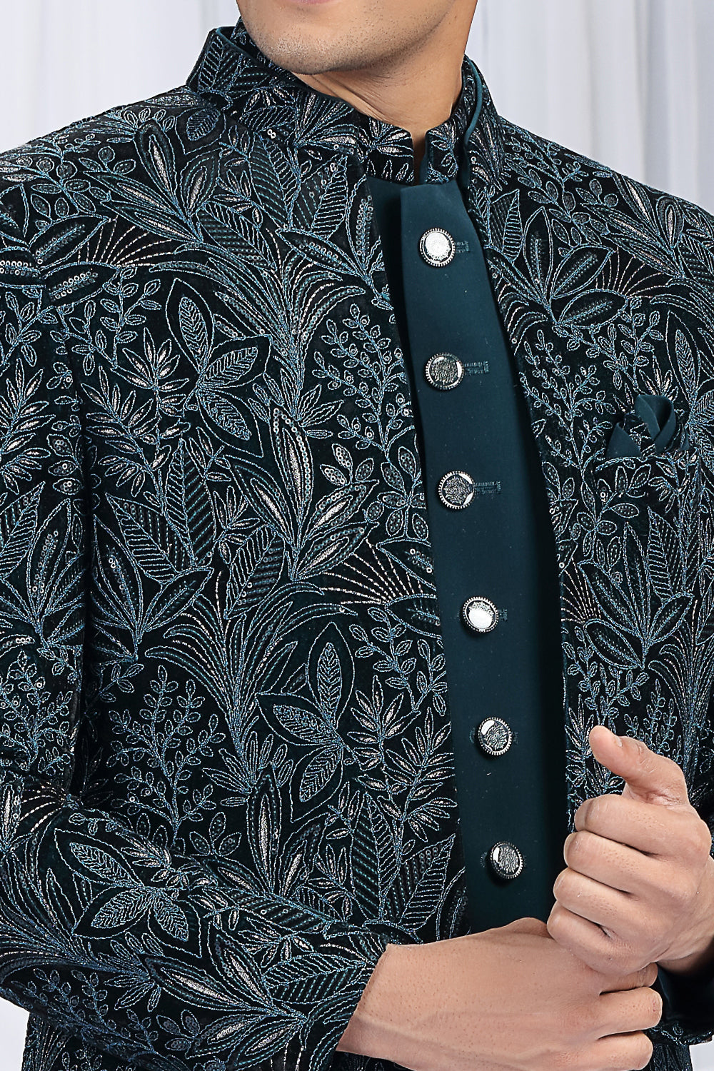 Teal Green Velvet 3 piece Indo Western (NMK-8660) - Nihal Fashions
