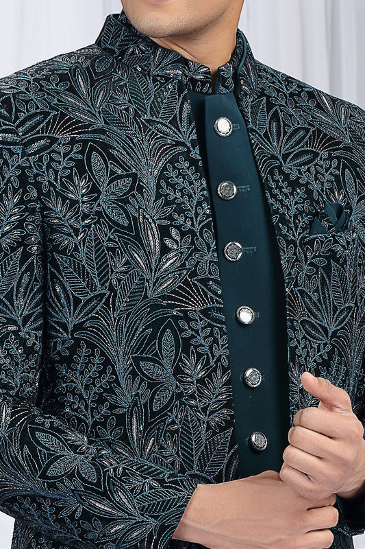 Teal Green Velvet 3 piece Indo Western (NMK-8660) - Nihal Fashions