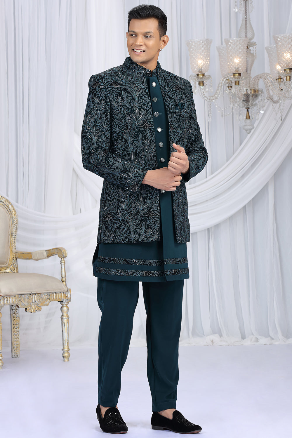 Teal Green Velvet 3 piece Indo Western (NMK-8660) - Nihal Fashions