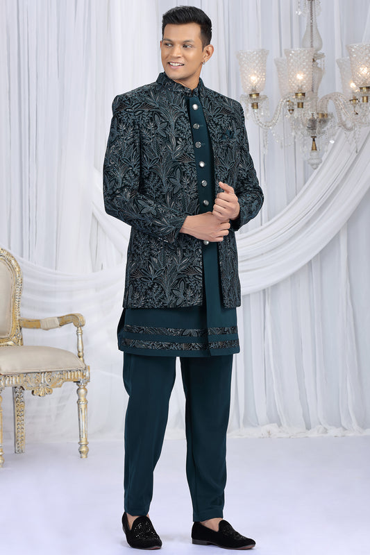Teal Green Velvet 3 piece Indo Western (NMK-8660) - Nihal Fashions