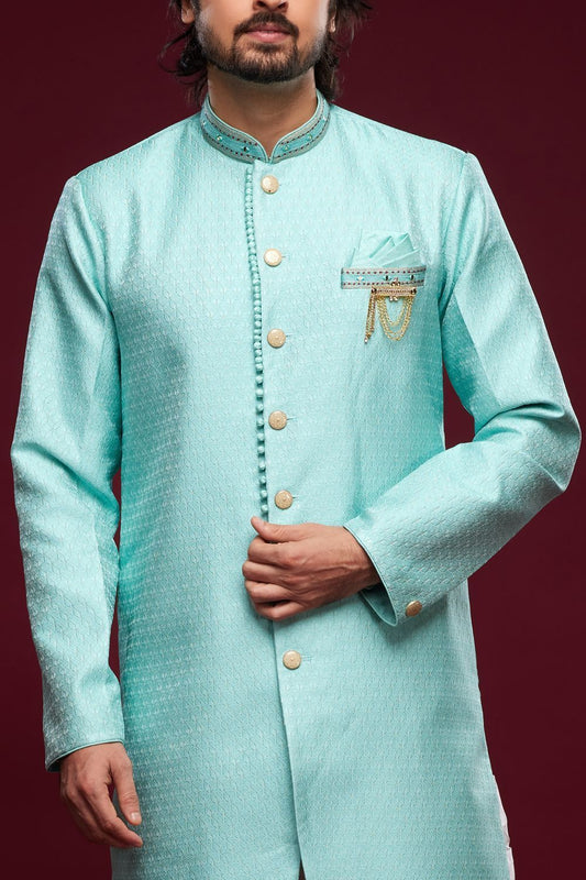 Turquoise Blue Banarasi Jaquard Mens Indo Western (NMK-6987) - Nihal Fashions