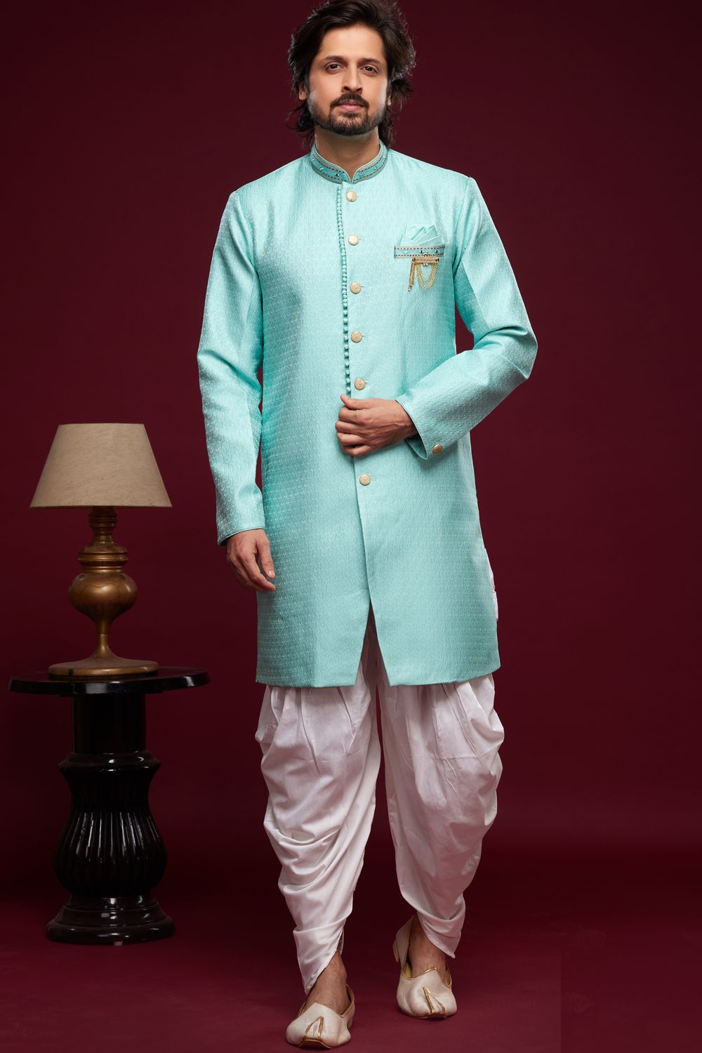 Turquoise Blue Banarasi Jaquard Mens Indo Western (NMK-6987) - Nihal Fashions