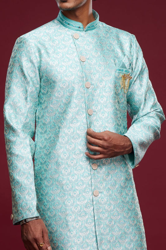 Turquoise Blue Banarasi Jaquard Mens Indo Western (NMK-7027) - Nihal Fashions