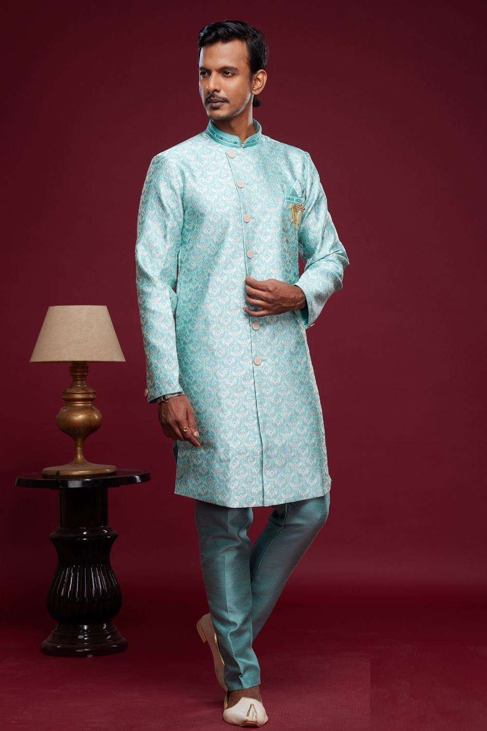 Turquoise Blue Banarasi Jaquard Mens Indo Western (NMK-7027) - Nihal Fashions