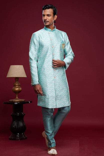 Turquoise Blue Banarasi Jaquard Mens Indo Western (NMK-7027) - Nihal Fashions
