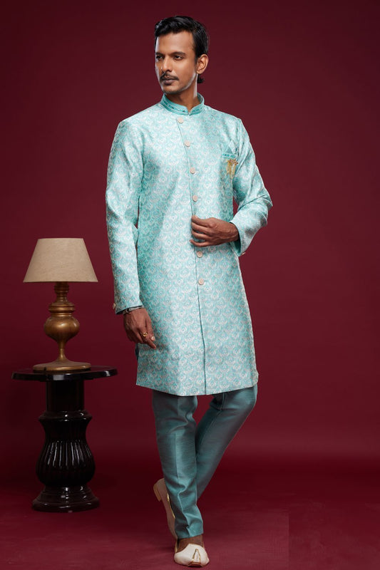Turquoise Blue Banarasi Jaquard Mens Indo Western (NMK-7027) - Nihal Fashions