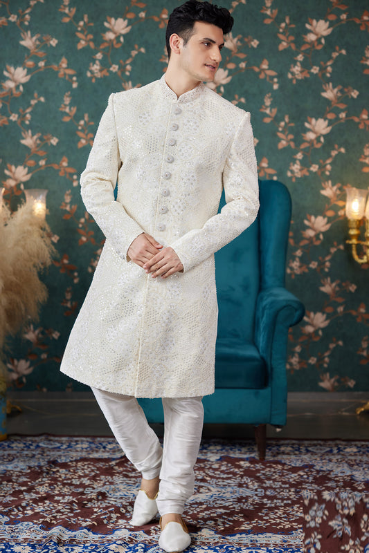 Wedding Art Silk Sherwani in Cream (NMK-8235) - Nihal Fashions