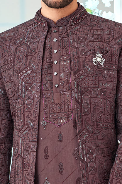 Wine Art Embroidered Silk Indo Western (NMK-8532) - Nihal Fashions
