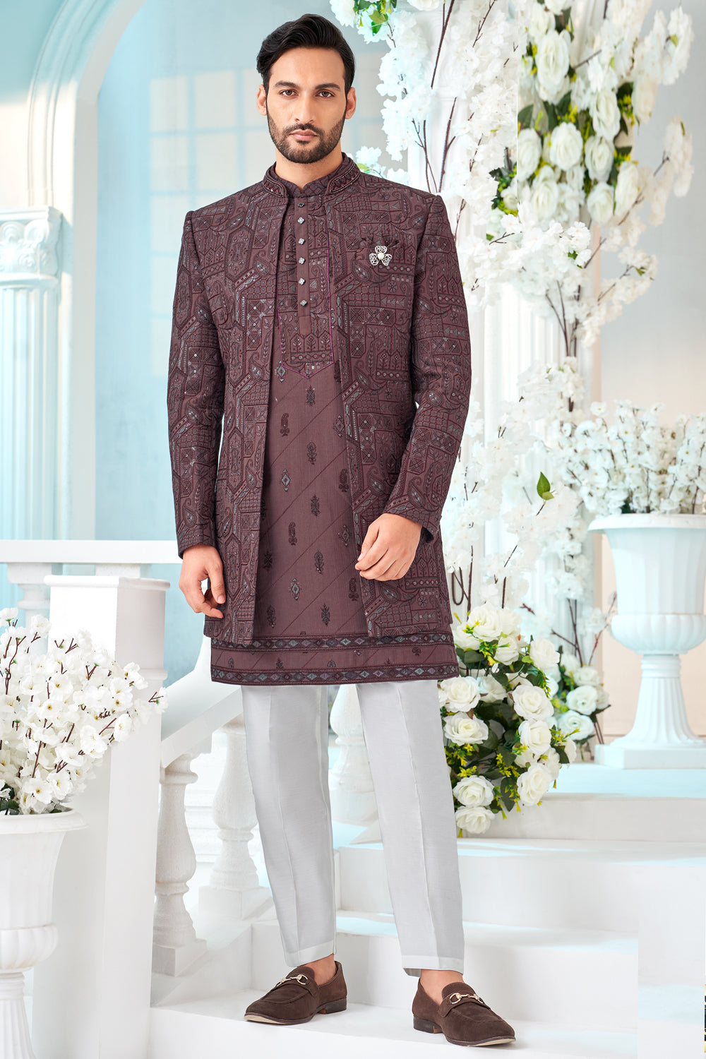 Wine Art Embroidered Silk Indo Western (NMK-8532) - Nihal Fashions