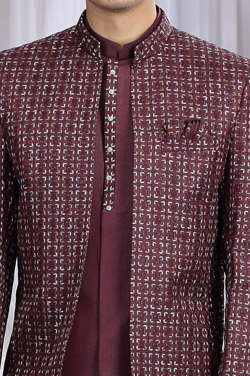 Wine Art Silk 3 piece Jacket Jodhpuri (NMK-8674) - Nihal Fashions