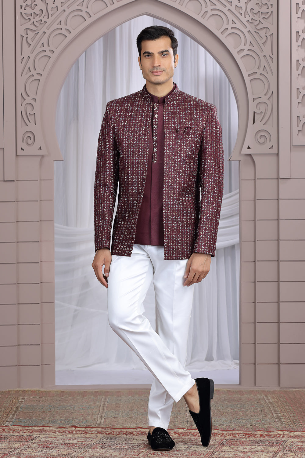 Wine Art Silk 3 piece Jacket Jodhpuri (NMK-8674) - Nihal Fashions