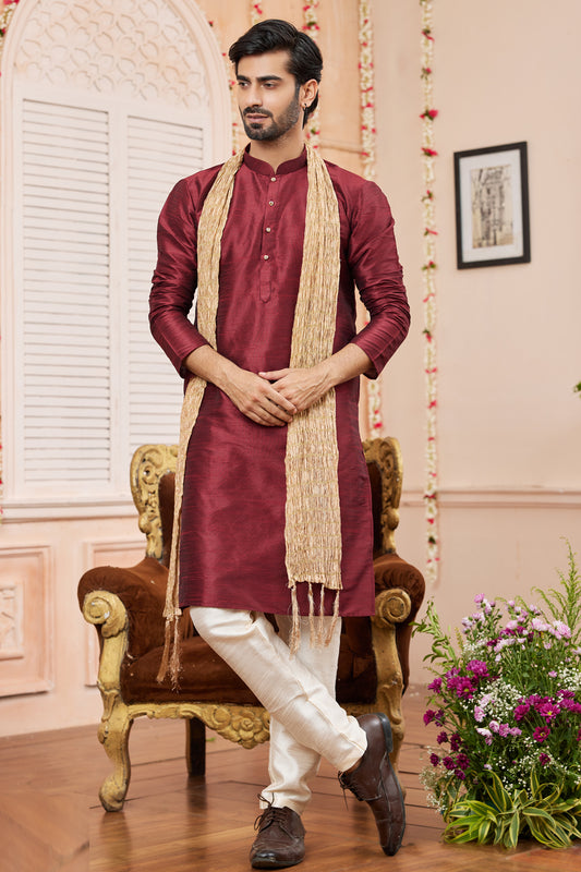 Wine Art Silk Casual Kurta Pajama (NMK-7961) - Nihal Fashions