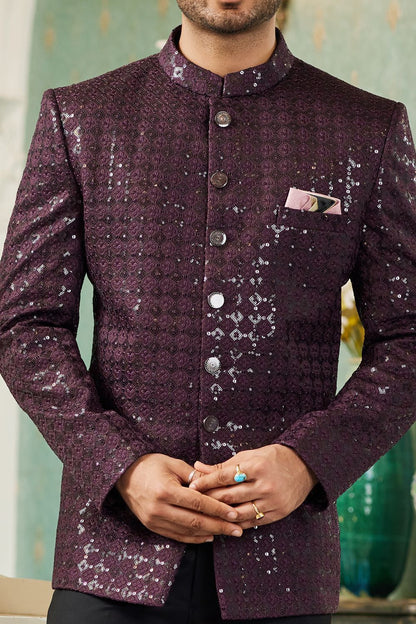 Wine Art Silk Embroidered Indo Western (NMK-7137) - Nihal Fashions