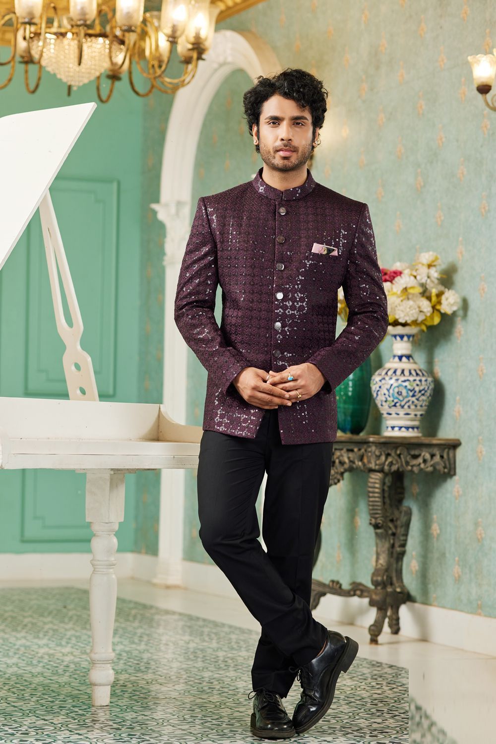 Wine Art Silk Embroidered Indo Western (NMK-7137) - Nihal Fashions
