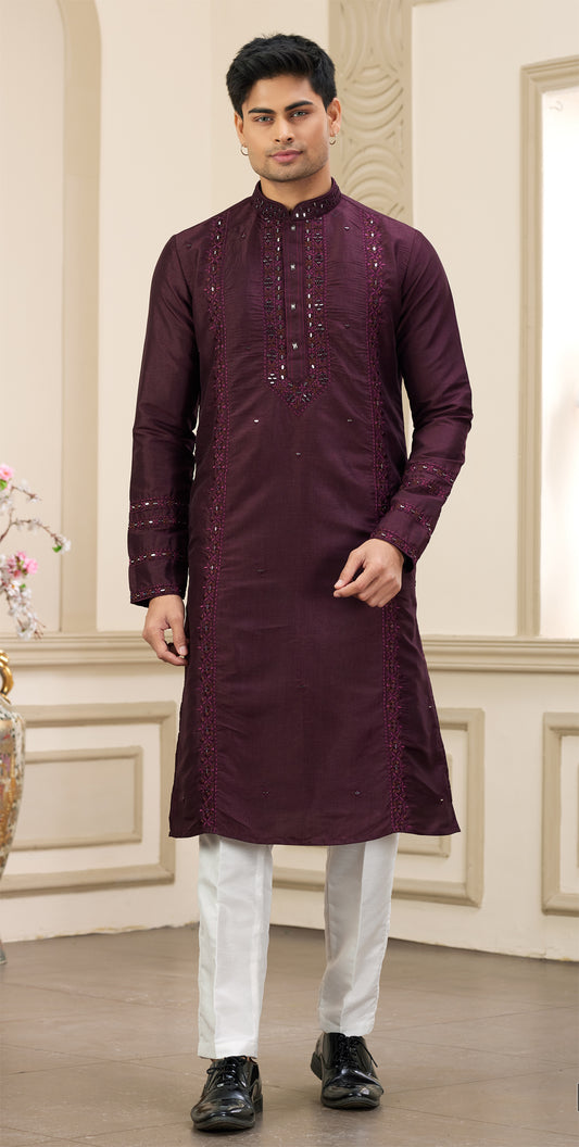 Wine Banarasi Art Silk Kurta Pajama (NMK-8389) - Nihal Fashions