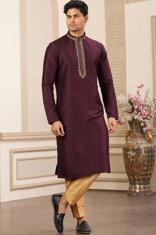 Wine Banarasi Art Silk Kurta Pajama (NMK-8467) - Nihal Fashions