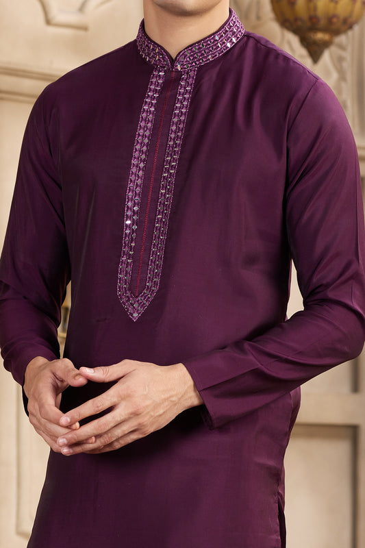 Wine Banarasi Art Silk Mens Kurta Pajama (NMK-8488) - Nihal Fashions