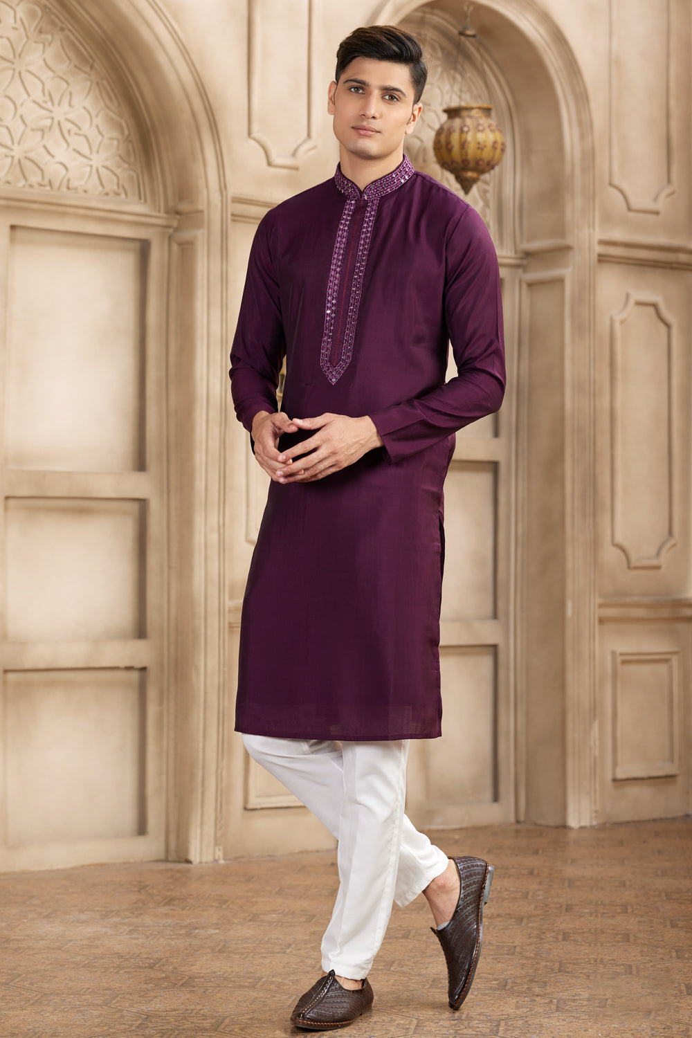 Wine Banarasi Art Silk Mens Kurta Pajama (NMK-8488) - Nihal Fashions