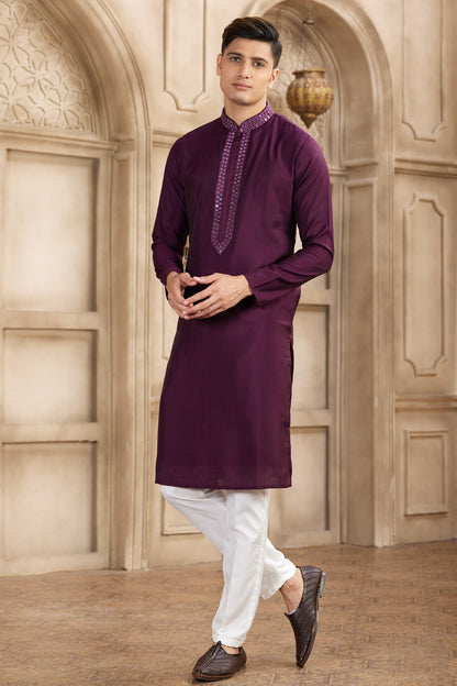 Wine Banarasi Art Silk Mens Kurta Pajama (NMK-8488) - Nihal Fashions