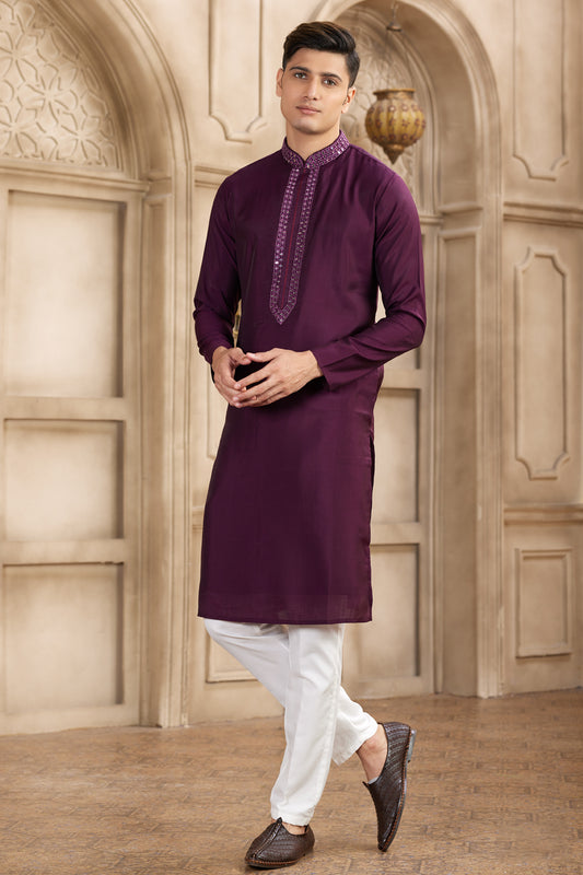 Wine Banarasi Art Silk Mens Kurta Pajama (NMK-8488) - Nihal Fashions