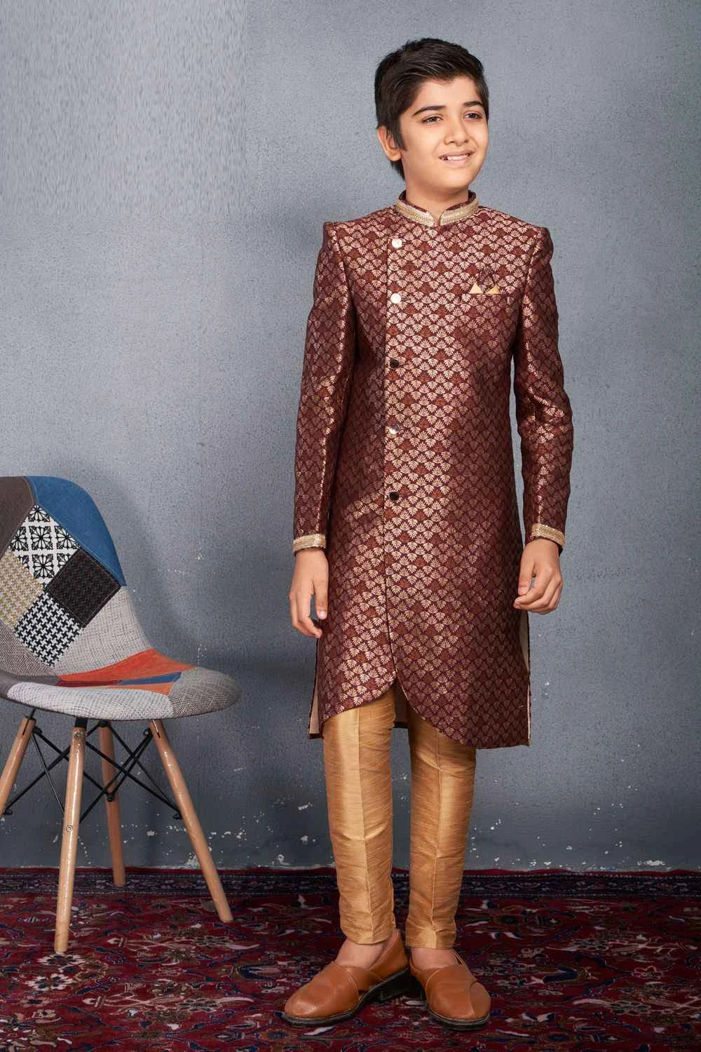 Wine Banarasi Brocade Boys Sherwani (NKK-728)