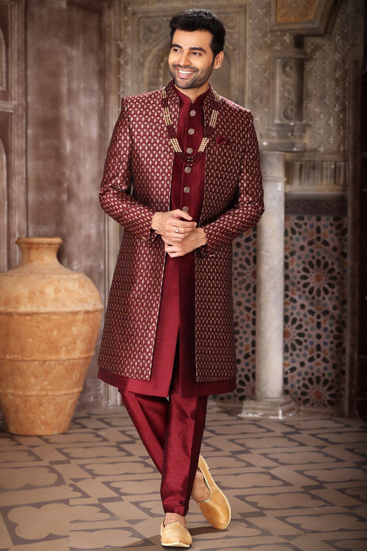Wine Banarasi Jaquard Art Silk Indo Western (NMK-6847) - Nihal Fashions