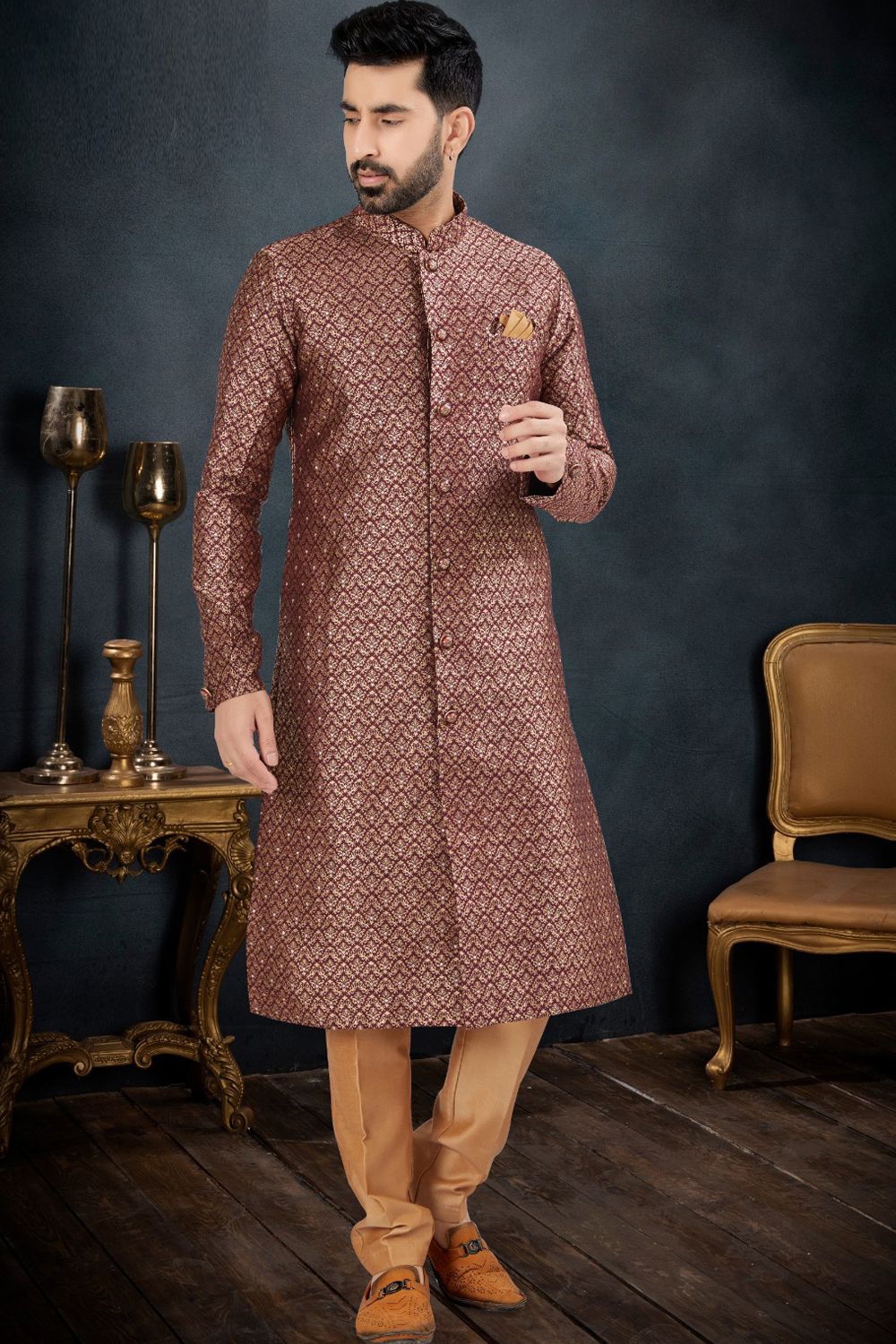 Wine Banarasi Jaquard Indo Western (NMK-7614) - Nihal Fashions