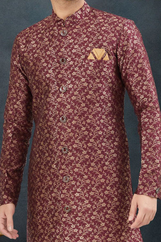 Wine Banarasi Jaquard Indo Western (NMK-7616) - Nihal Fashions
